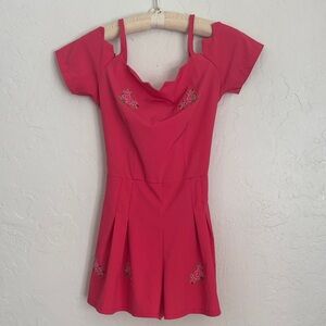 Vintage 80s 90s Handmade Cold Shoulder Pink Flower Romper Women's XS